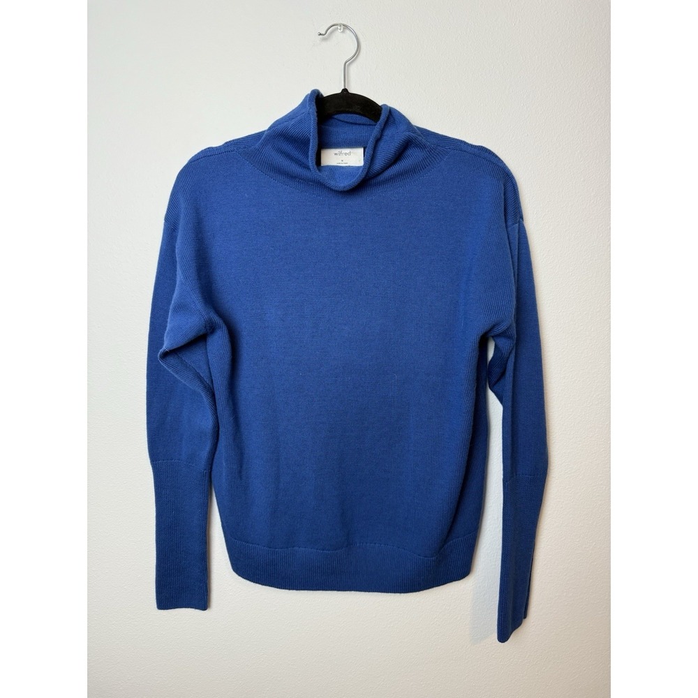 ARITZIA WILFRED Womens 100% Merino Wool Knit Sweater Size M Blue Mock Neck Cozy